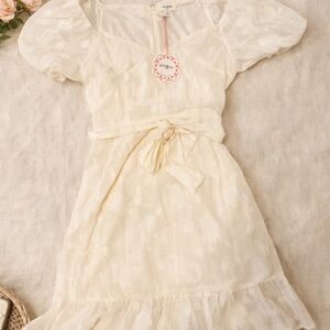 Umgee Cream Puff-Sleeve Tie-Waist Mini Dress